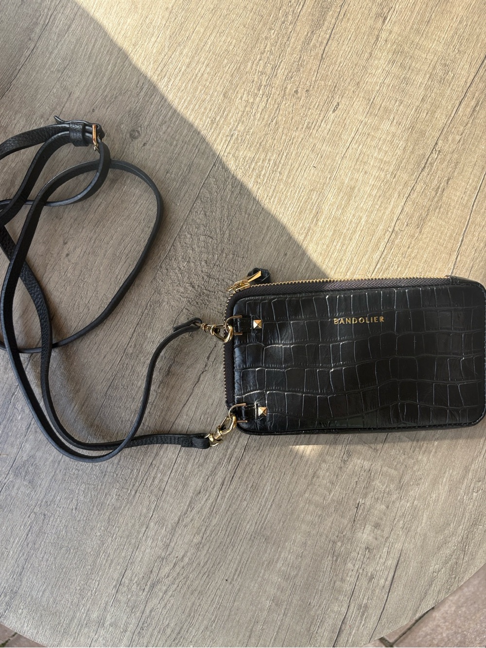 Bandolier Black Croc-Embossed Zip Card Wallet with strap